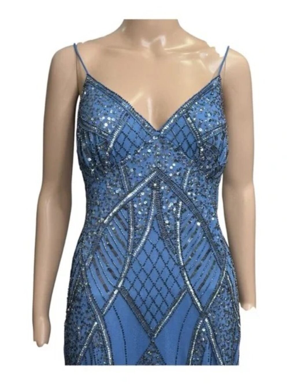 Jump Apparel Blue Beaded Dazzling Sequin Spaghetti Strap Gown Women’s Size 9/10 - Picture 9 of 13